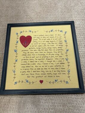 Embroidered 'Love' Wall Art in Yellow with Red and Blue Accents